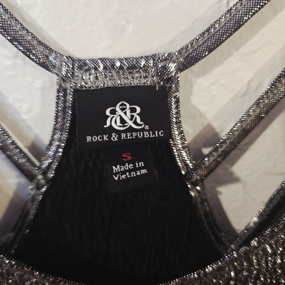 Rock & Republic Metallic Silver Shimmer Black Racerback Tank Top Small Strappy - Picture 3 of 7
